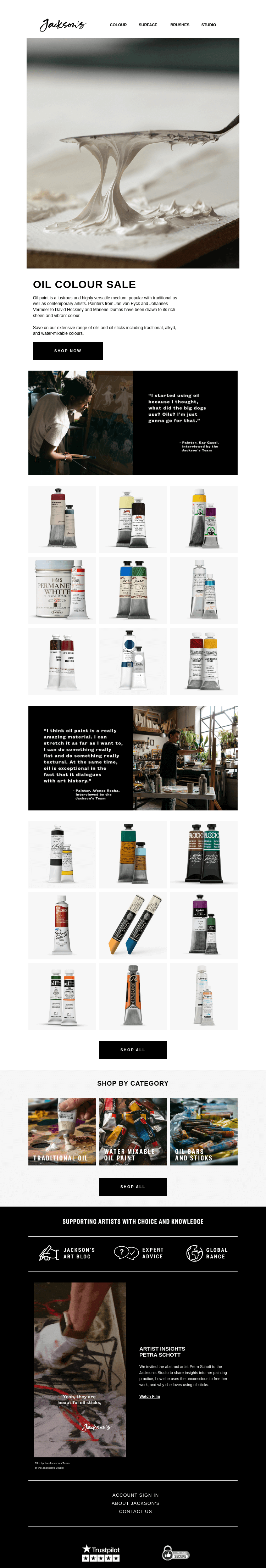 Письмо компании «Jackson's Art - In the Studio» на тему «Oil Colour Sale»