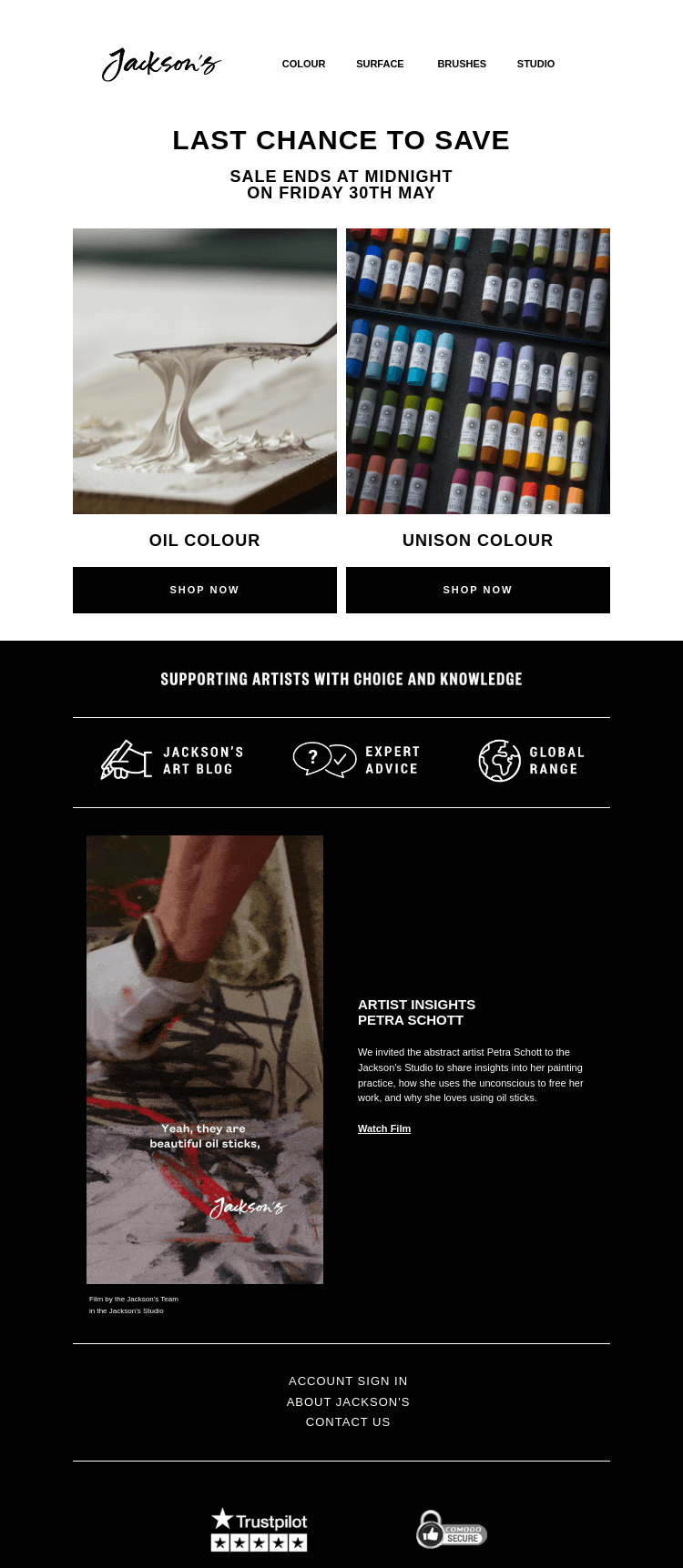 Письмо компании «Jackson's Art - In the Studio» на тему «Last Chance to Save on Oil Paint and Unison Colour»