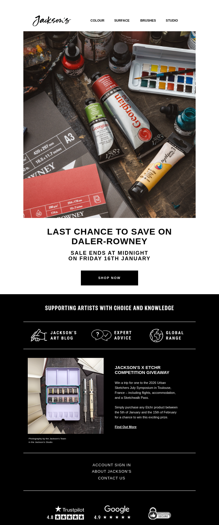 Письмо компании «Jackson's Art - In the Studio» на тему «Last Chance to Save on Daler-Rowney»
