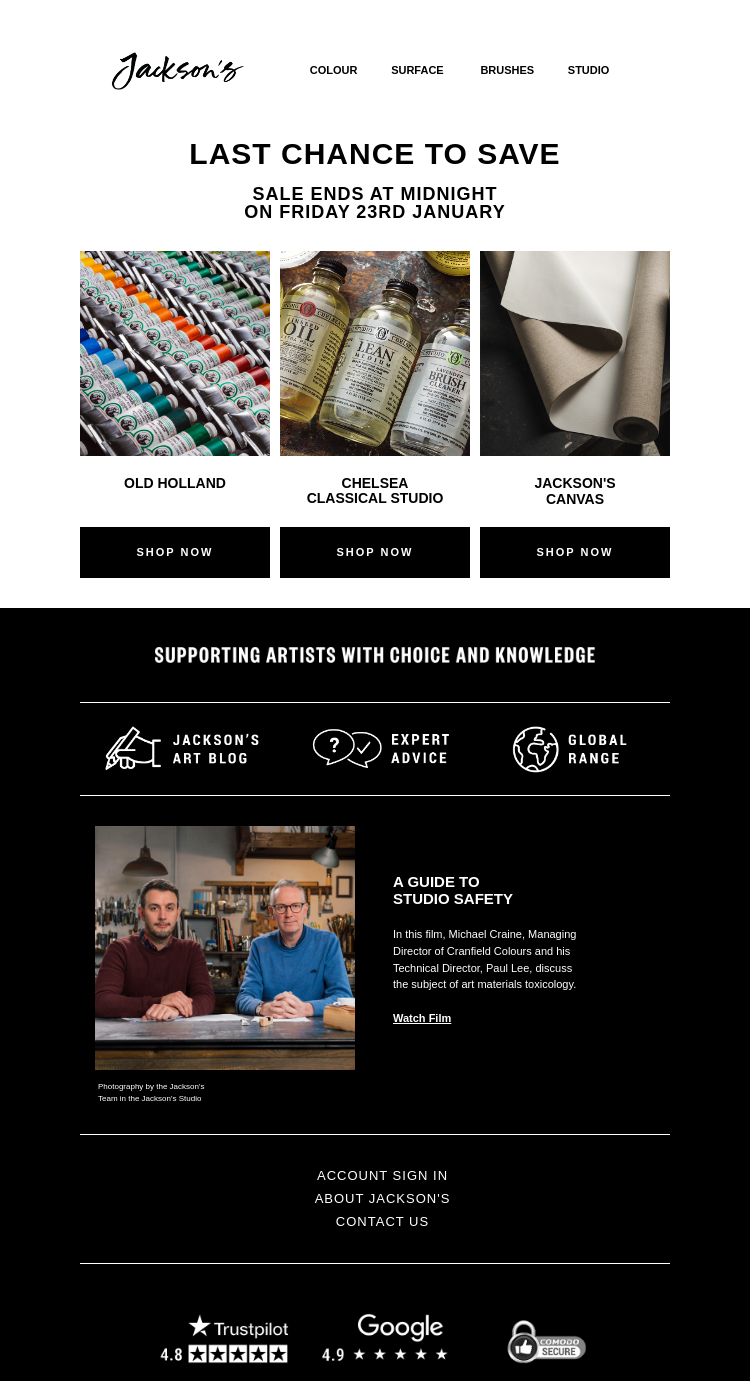 Письмо компании «Jackson's Art - In the Studio» на тему «Last Chance to Save on Old Holland, Chelsea Classical, and
 Jackson's Canvas»