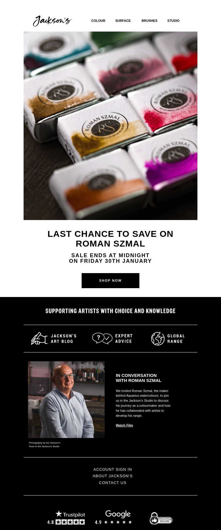 Письмо компании «Jackson's Art - In the Studio» на тему «Last Chance to Save on Roman Szmal»