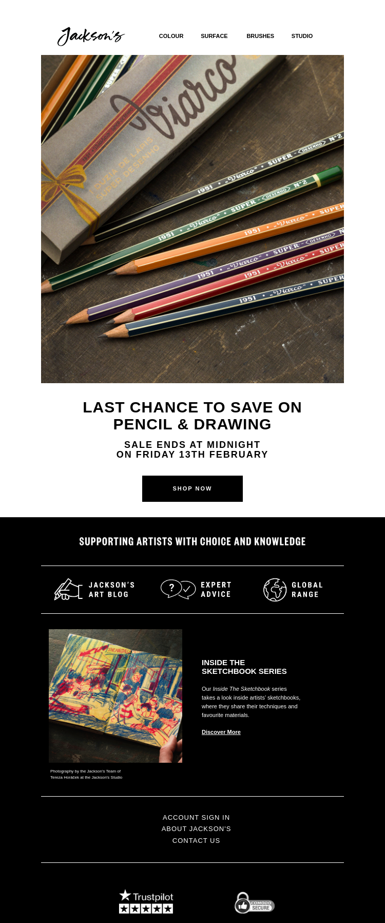 Письмо компании «Jackson's Art - In the Studio» на тему «Last Chance to Save on Pencil & Drawing»