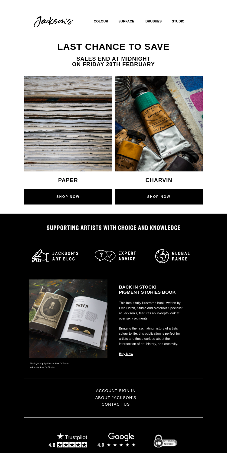Письмо компании «Jackson's Art - In the Studio» на тему «Last Chance to Save on Paper and Charvin»