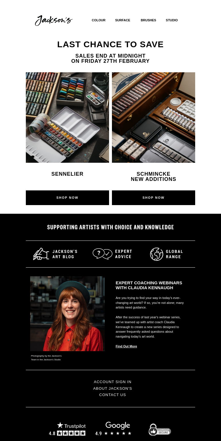 Письмо компании «Jackson's Art - In the Studio» на тему «Last Chance to Save on Sennelier and Schmincke New Additions»