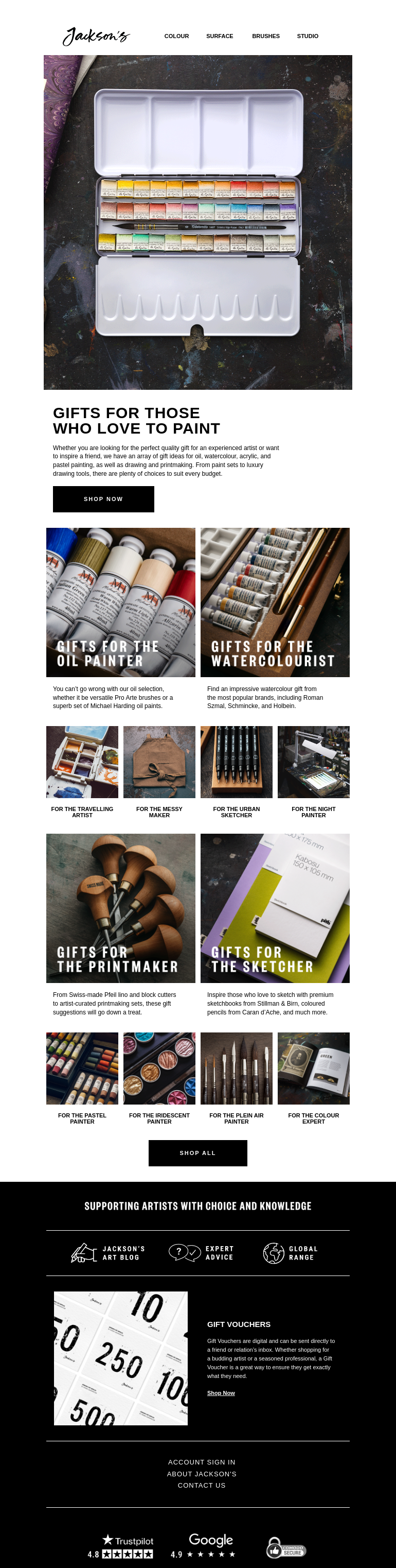 Письмо компании «Jackson's Art - In the Studio» на тему «Gifts for Those Who Love to Paint»