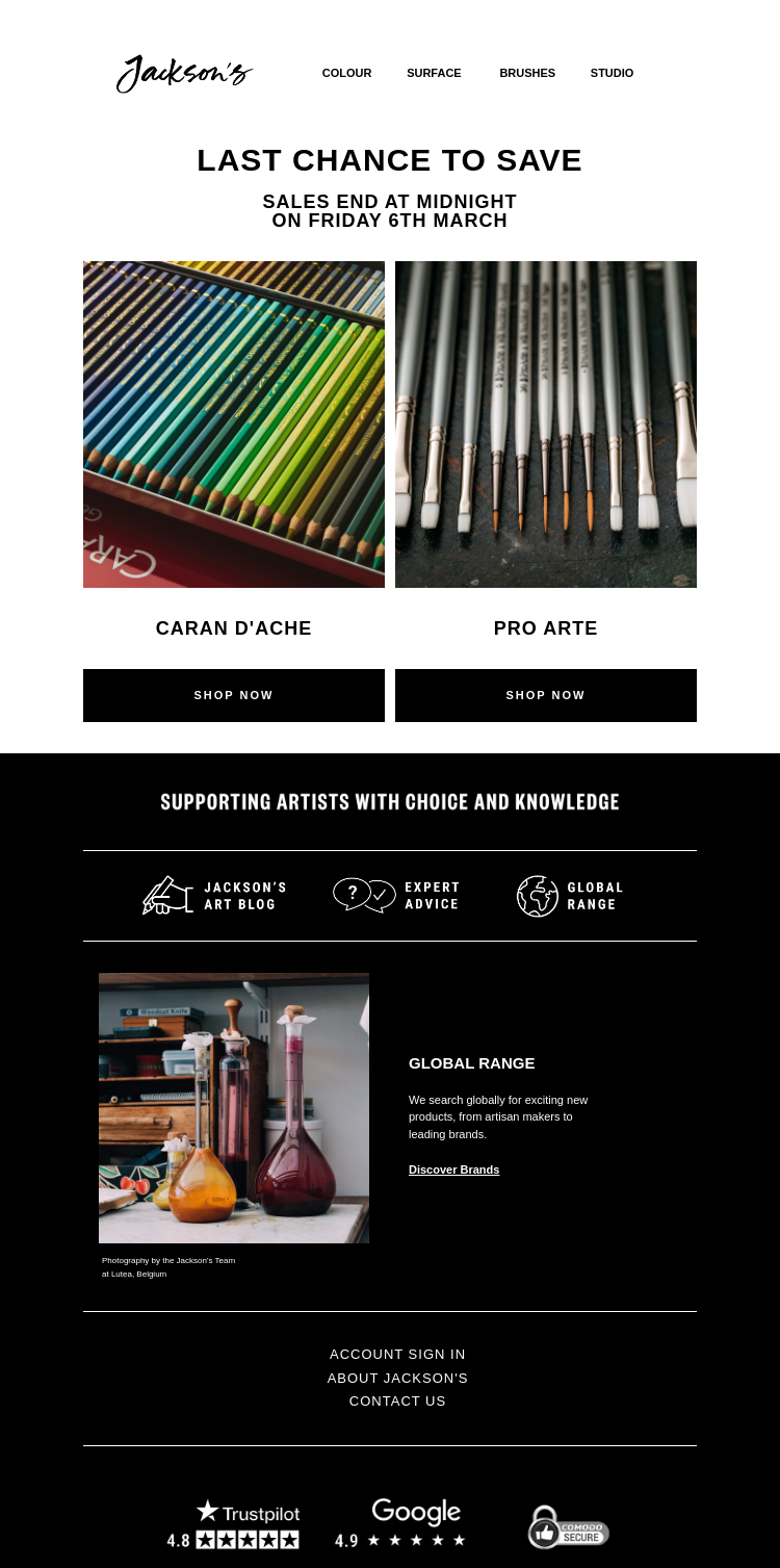 Письмо компании «Jackson's Art - In the Studio» на тему «Last Chance to Save on Caran d'Ache and Pro Arte»