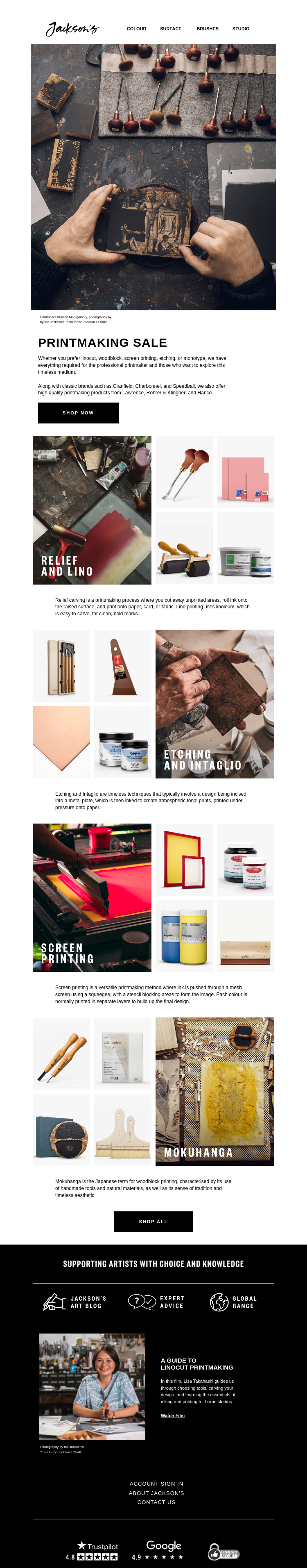 Письмо компании «Jackson's Art - In the Studio» на тему «Printmaking Sale»