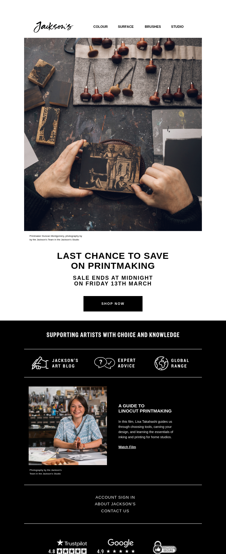 Письмо компании «Jackson's Art - In the Studio» на тему «Last Chance to Save on Printmaking»