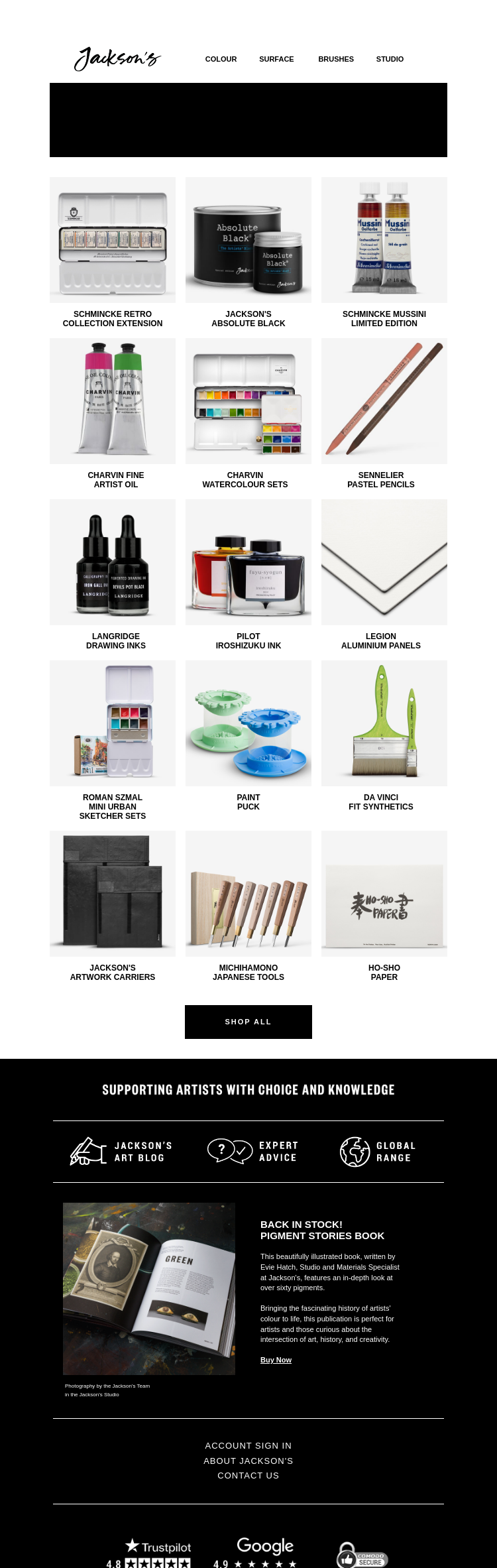 Письмо компании «Jackson's Art - In the Studio» на тему «NEW – Product Releases»