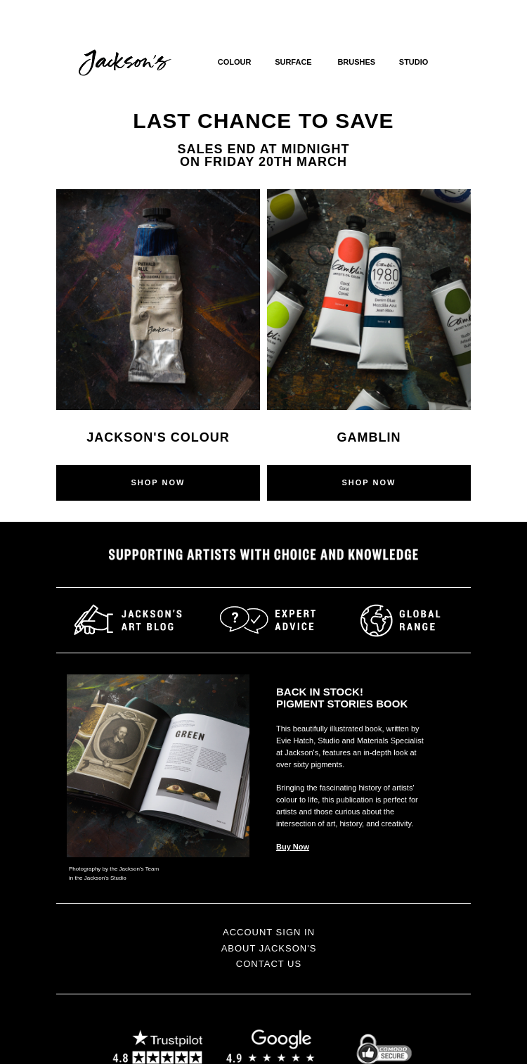 Письмо компании «Jackson's Art - In the Studio» на тему «Last Chance to Save on Jackson's Colour and Gamblin»