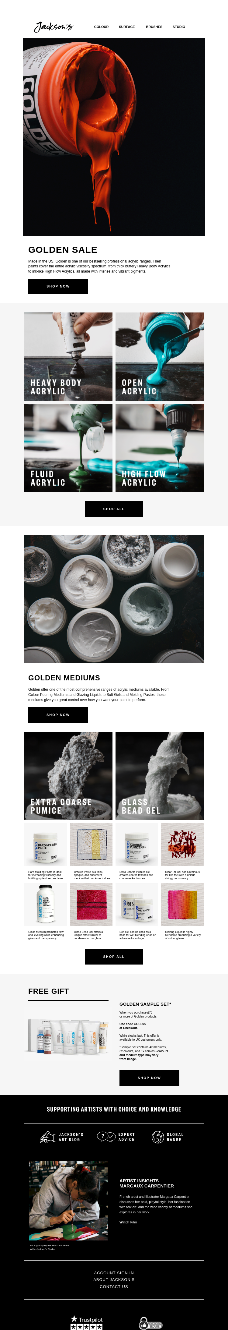 Письмо компании «Jackson's Art - In the Studio» на тему «Golden Acrylic Sale»