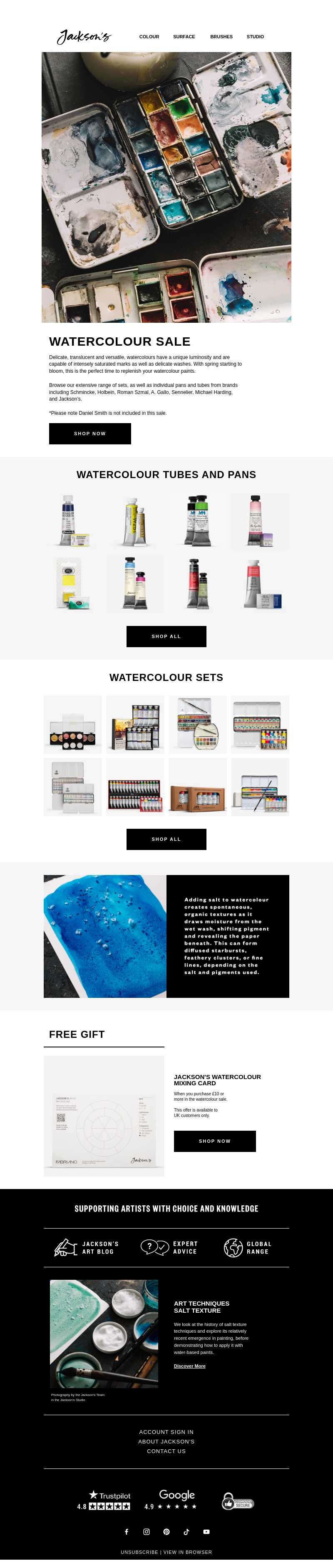 Письмо компании «Jackson's Art - In the Studio» на тему «Watercolour Sale»