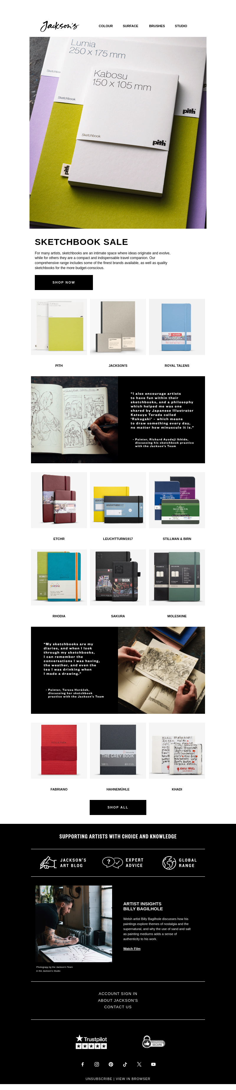 Письмо компании «Jackson's Art - In the Studio» на тему «Sketchbook Sale»