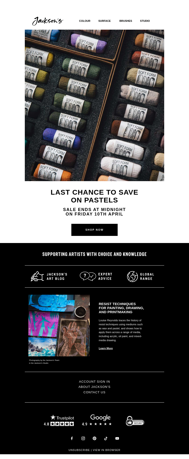 Письмо компании «Jackson's Art - In the Studio» на тему «Last Chance to Save on Pastels»