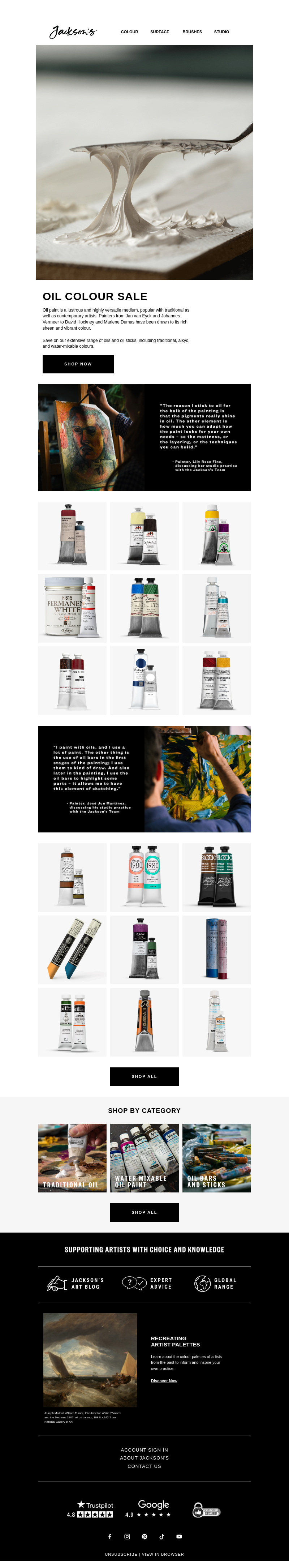 Письмо компании «Jackson's Art - In the Studio» на тему «Oil Colour Sale»