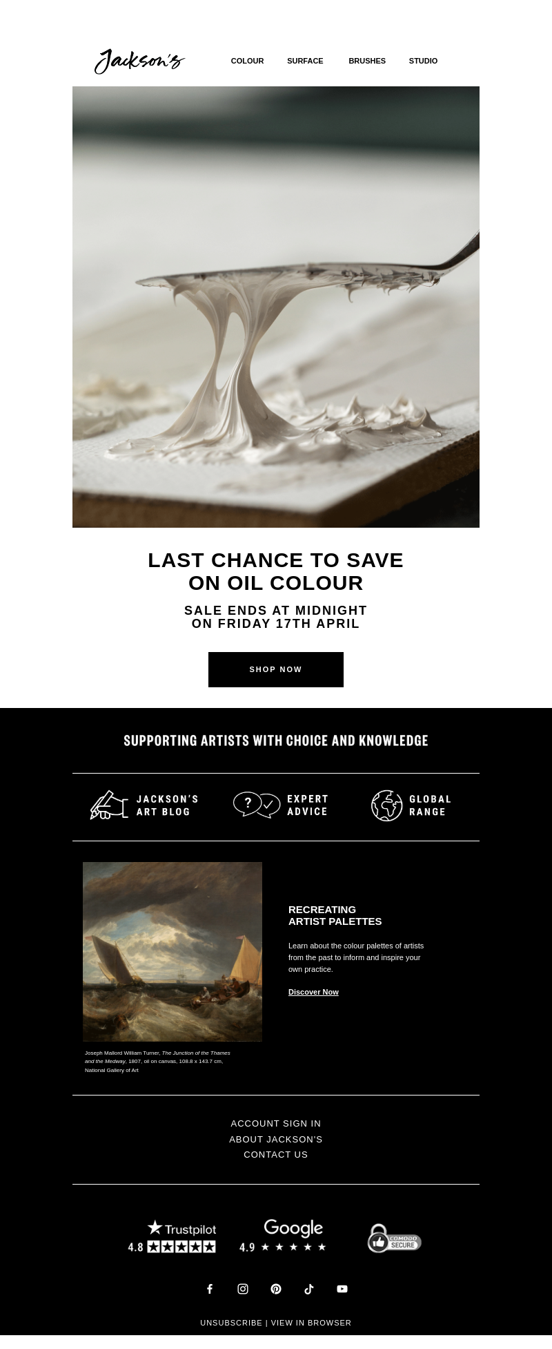 Письмо компании «Jackson's Art - In the Studio» на тему «Last Chance to Save on Oil Colour»