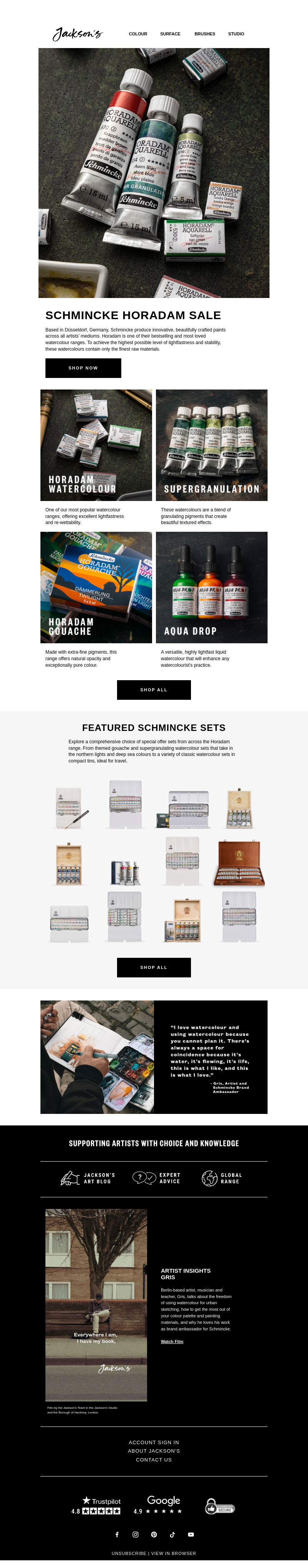 Письмо компании «Jackson's Art - In the Studio» на тему «Schmincke Horadam Sale»
