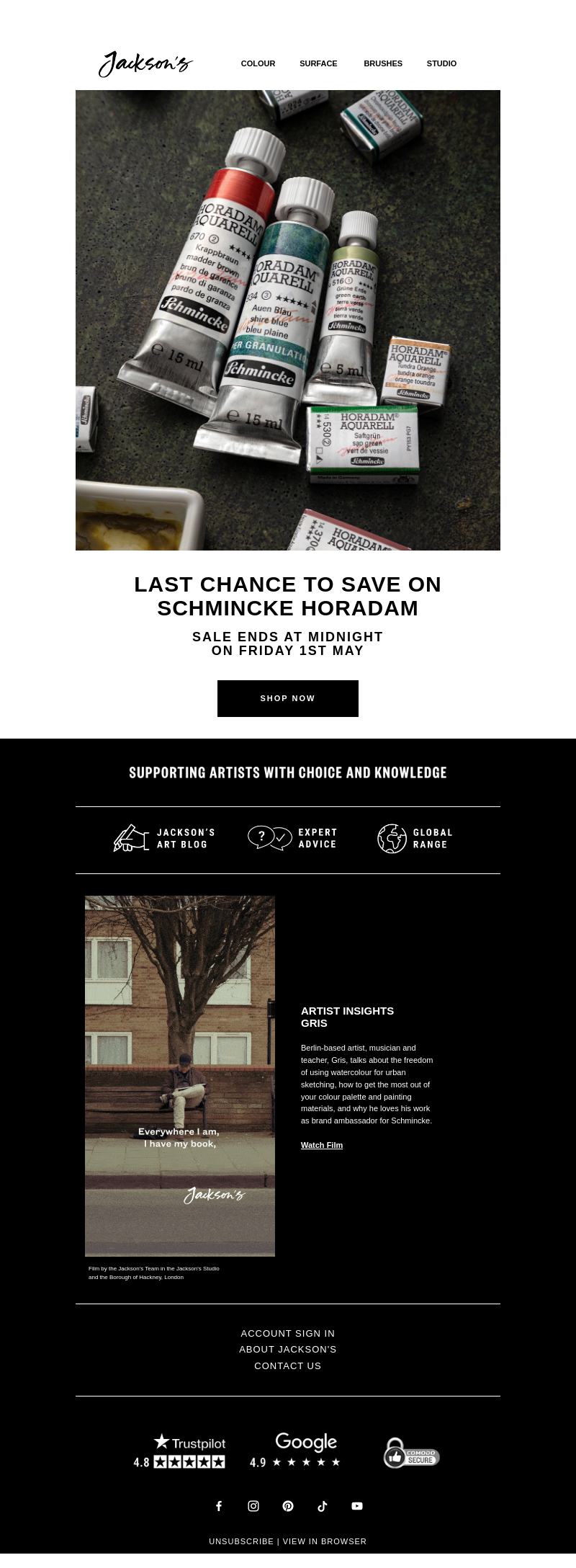 Письмо компании «Jackson's Art - In the Studio» на тему «Last Chance to Save on Schmincke Horadam»