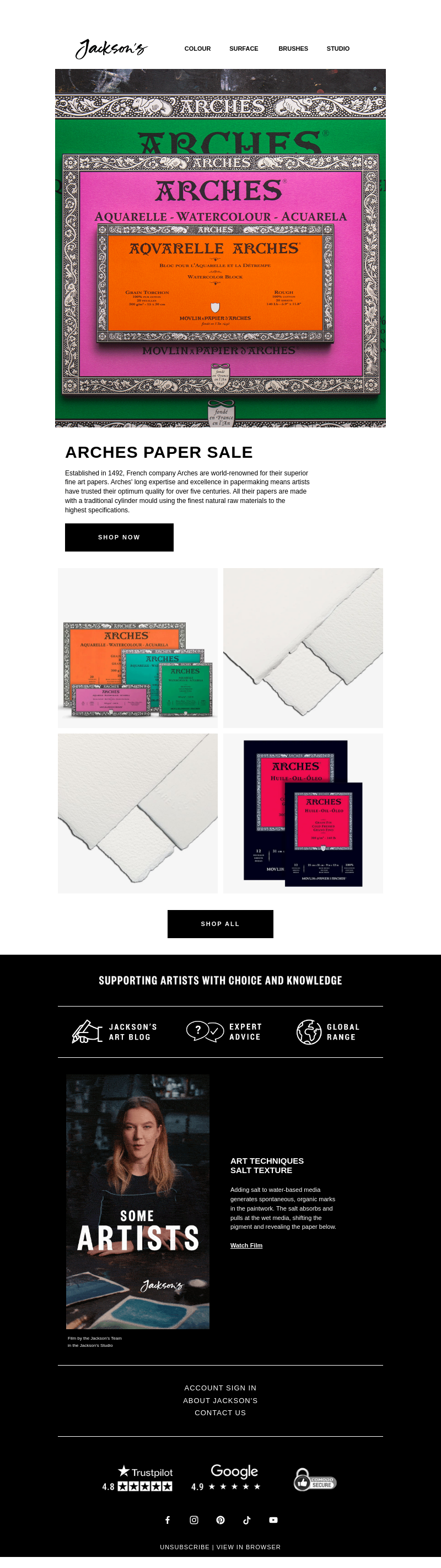 Письмо компании «Jackson's Art - In the Studio» на тему «Arches Paper Sale»