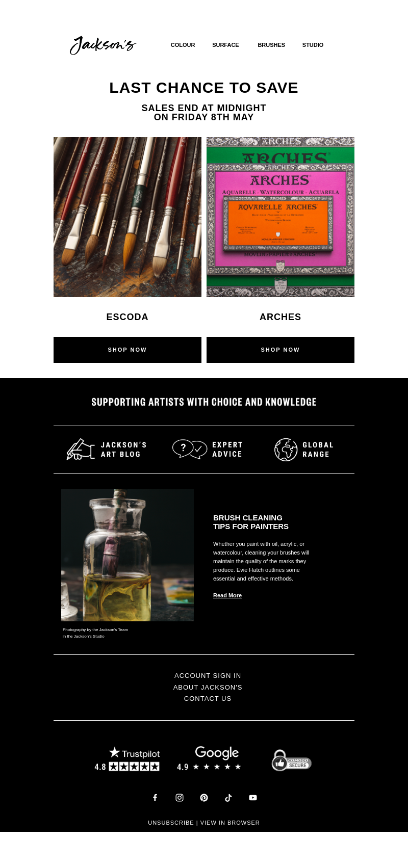 Письмо компании «Jackson's Art - In the Studio» на тему «Last Chance to Save on Escoda and Arches»
