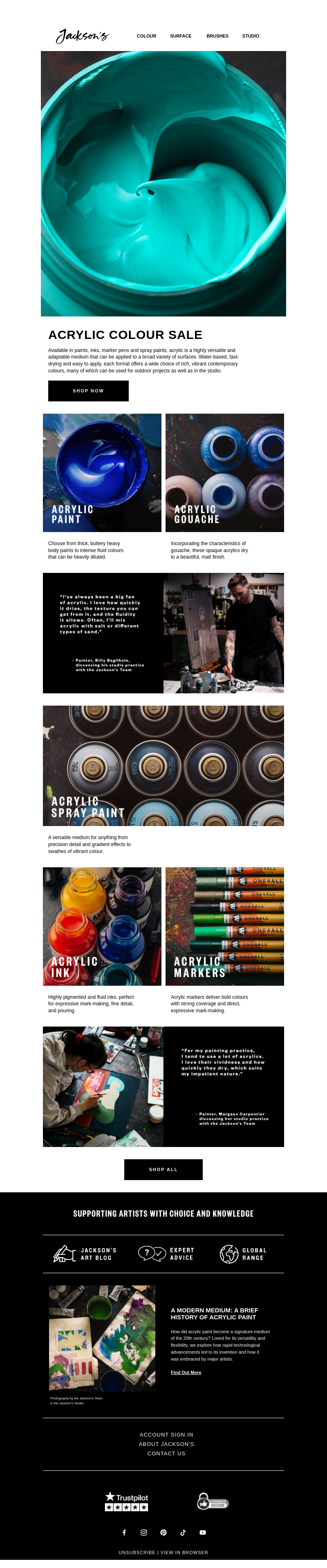 Письмо компании «Jackson's Art - In the Studio» на тему «Acrylic Colour Sale»