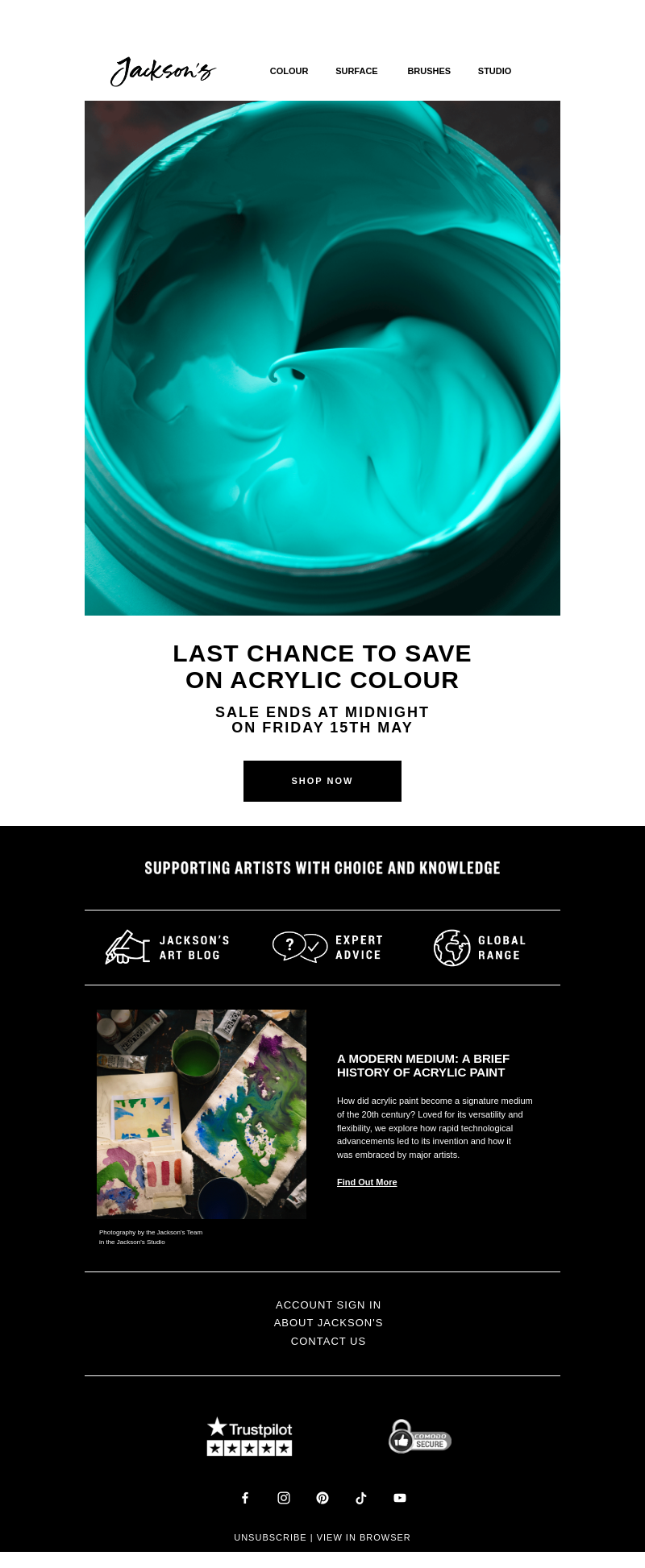 Письмо компании «Jackson's Art - In the Studio» на тему «Last Chance to Save on Acrylic Colour»