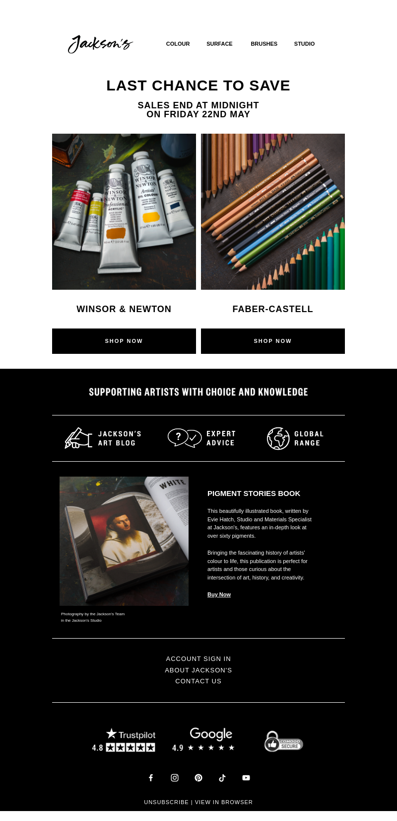 Письмо компании «Jackson's Art - In the Studio» на тему «Last Chance to Save on Winsor & Newton and Faber-Castell»