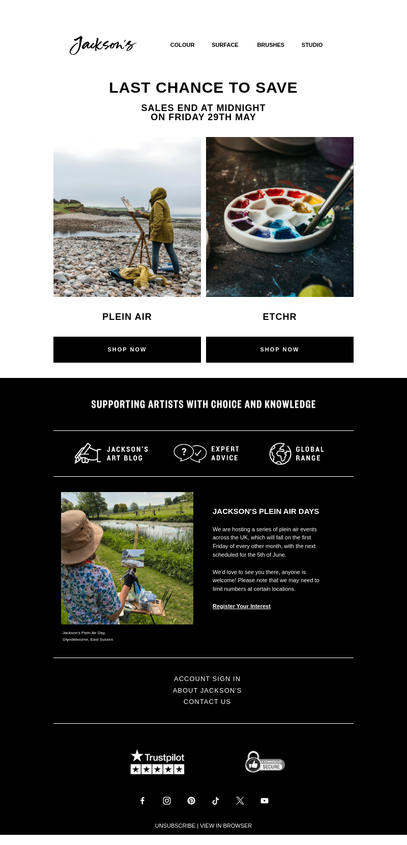 Письмо компании «Jackson's Art - In the Studio» на тему «Last Chance to Save on Plein Air and Etchr»