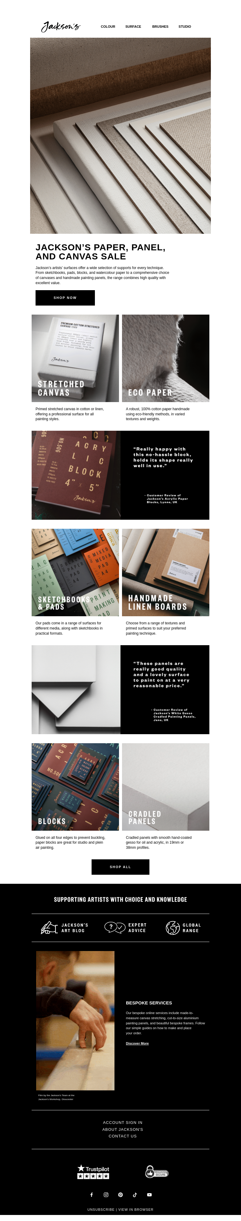 Письмо компании «Jackson's Art - In the Studio» на тему «Jackson's Paper, Panel, and Canvas Sale»