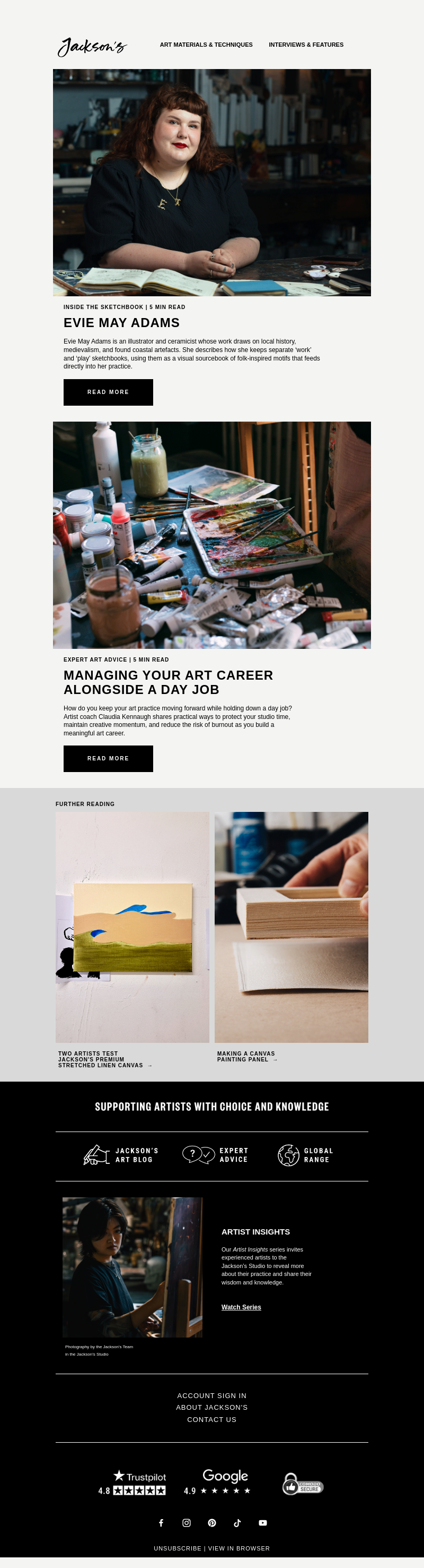 Письмо компании «Jackson's Art - In the Studio» на тему «Inside the Sketchbook of Illustrator and Ceramicist Evie May
 Adams»