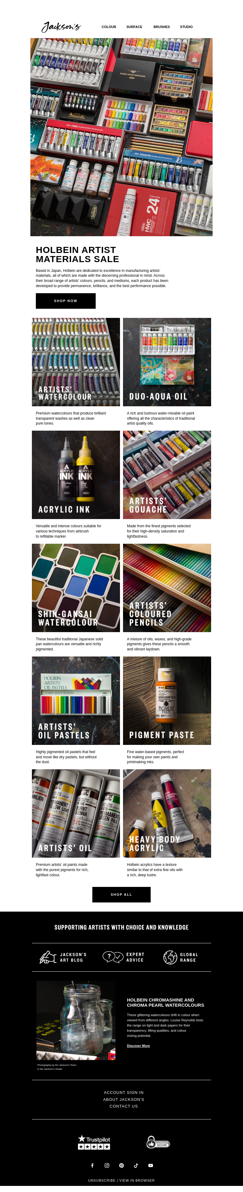 Письмо компании «Jackson's Art - In the Studio» на тему «Holbein Artist Materials Sale»