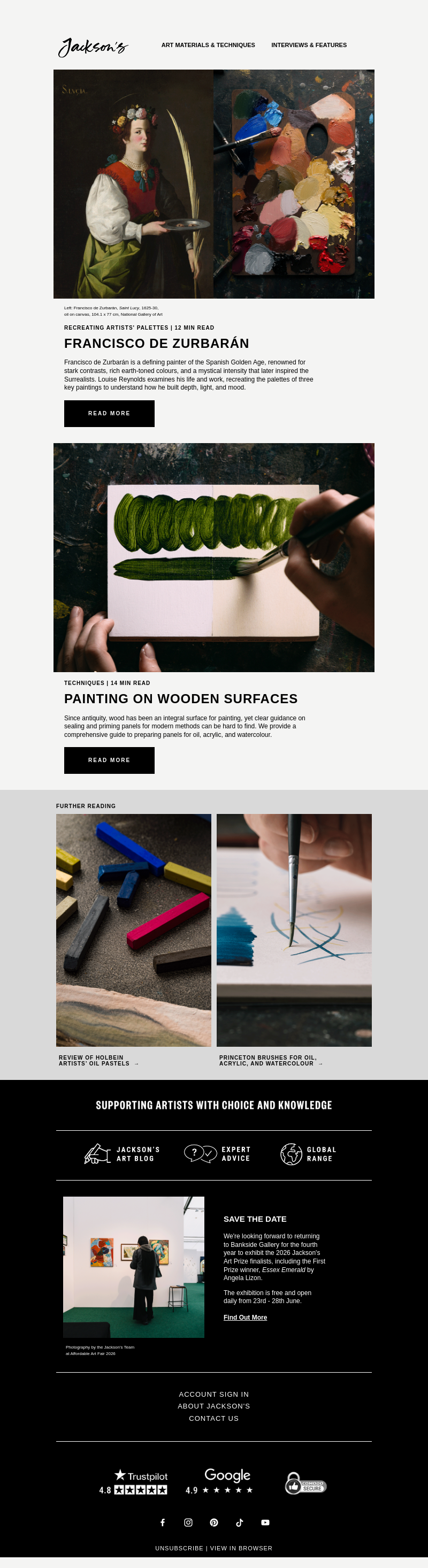 Письмо компании «Jackson's Art - In the Studio» на тему «Recreating the Palette of Francisco de Zurbarán»