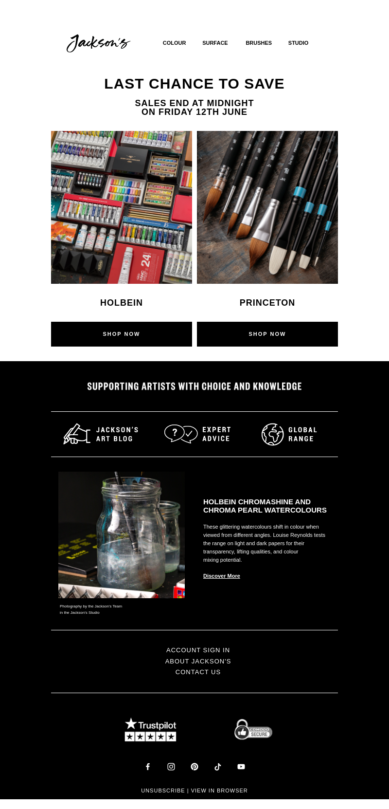 Письмо компании «Jackson's Art - In the Studio» на тему «Last Chance to Save on Holbein and Princeton»