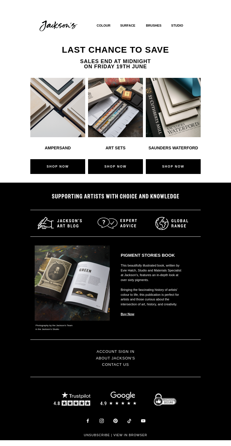 Письмо компании «Jackson's Art - In the Studio» на тему «Last Chance to Save on Art Sets, Ampersand, and Saunders
 Waterford»