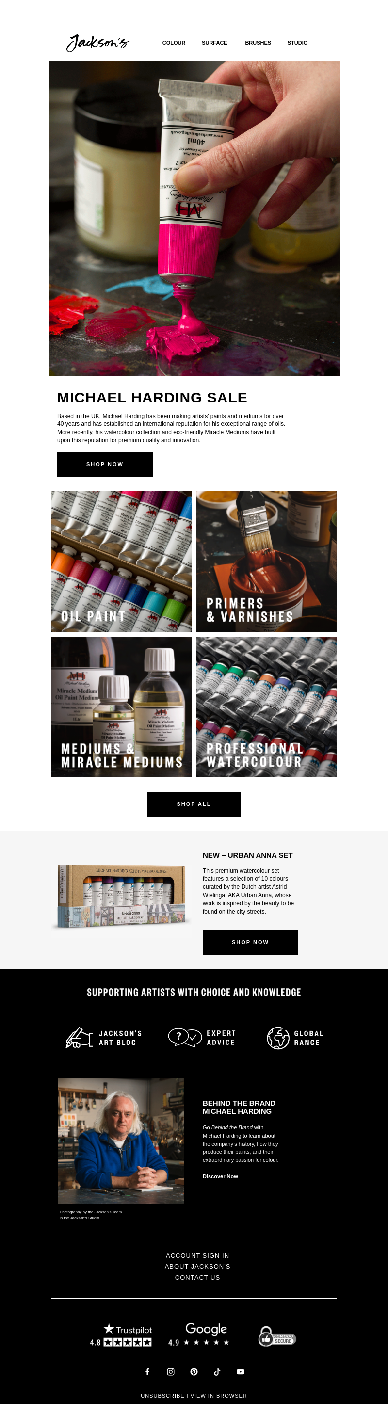 Письмо компании «Jackson's Art - In the Studio» на тему «Michael Harding Sale»