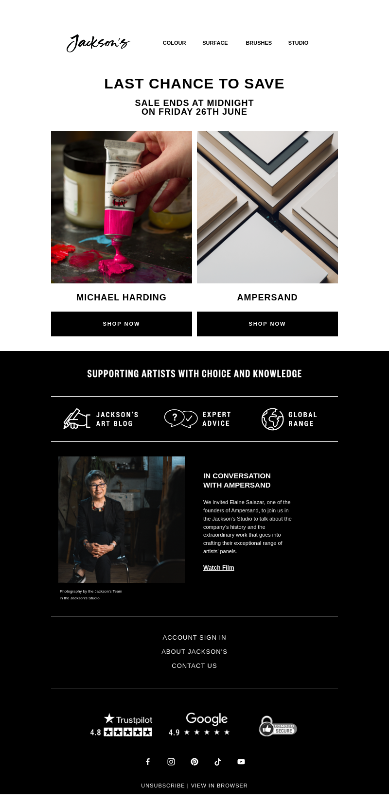 Письмо компании «Jackson's Art - In the Studio» на тему «Last Chance to Save on Michael Harding and Ampersand»