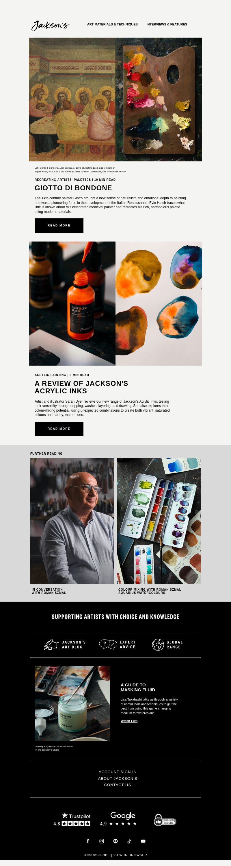 Письмо компании «Jackson's Art - In the Studio» на тему «Recreating the Colour Palette of Giotto»