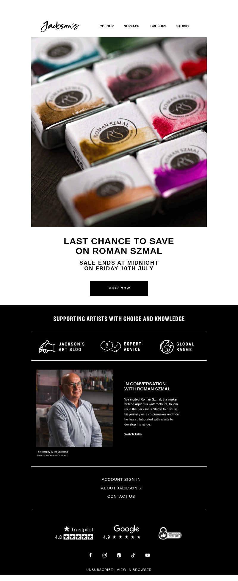 Письмо компании «Jackson's Art - In the Studio» на тему «Last Chance to Save on Roman Szmal»