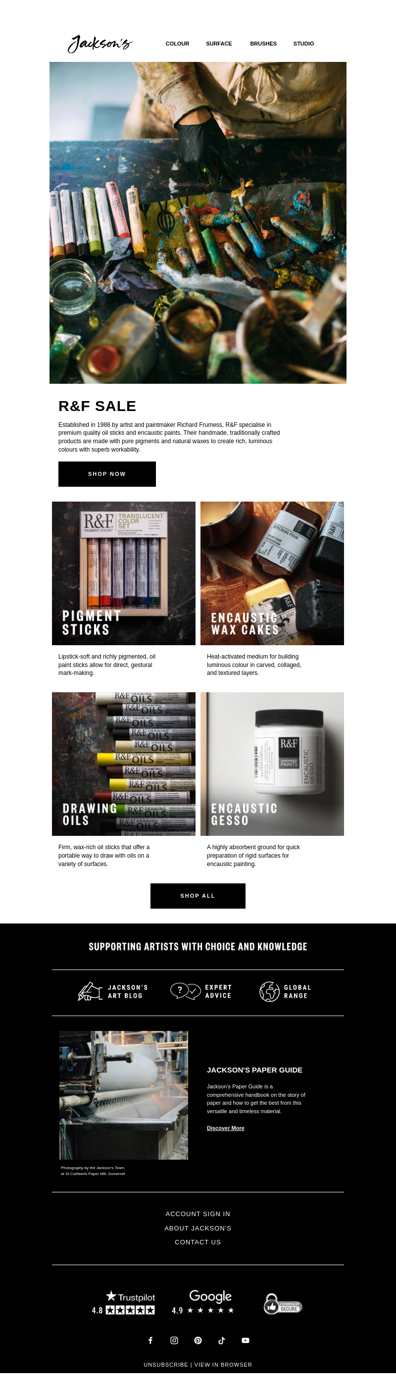 Письмо компании «Jackson's Art - In the Studio» на тему «R&F Oil Sticks and Encaustic Paint Sale»