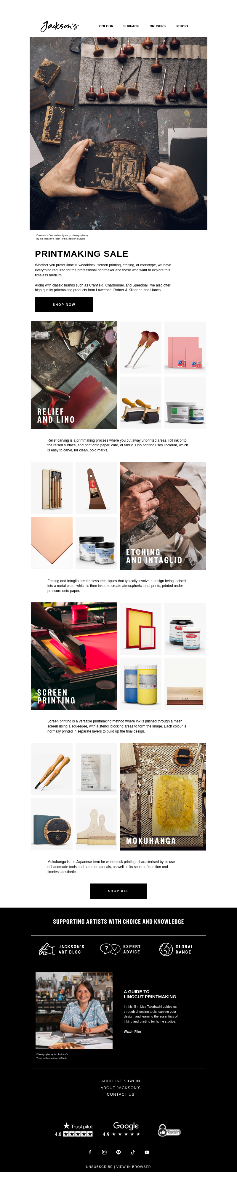 Письмо компании «Jackson's Art - In the Studio» на тему «Printmaking Sale»
