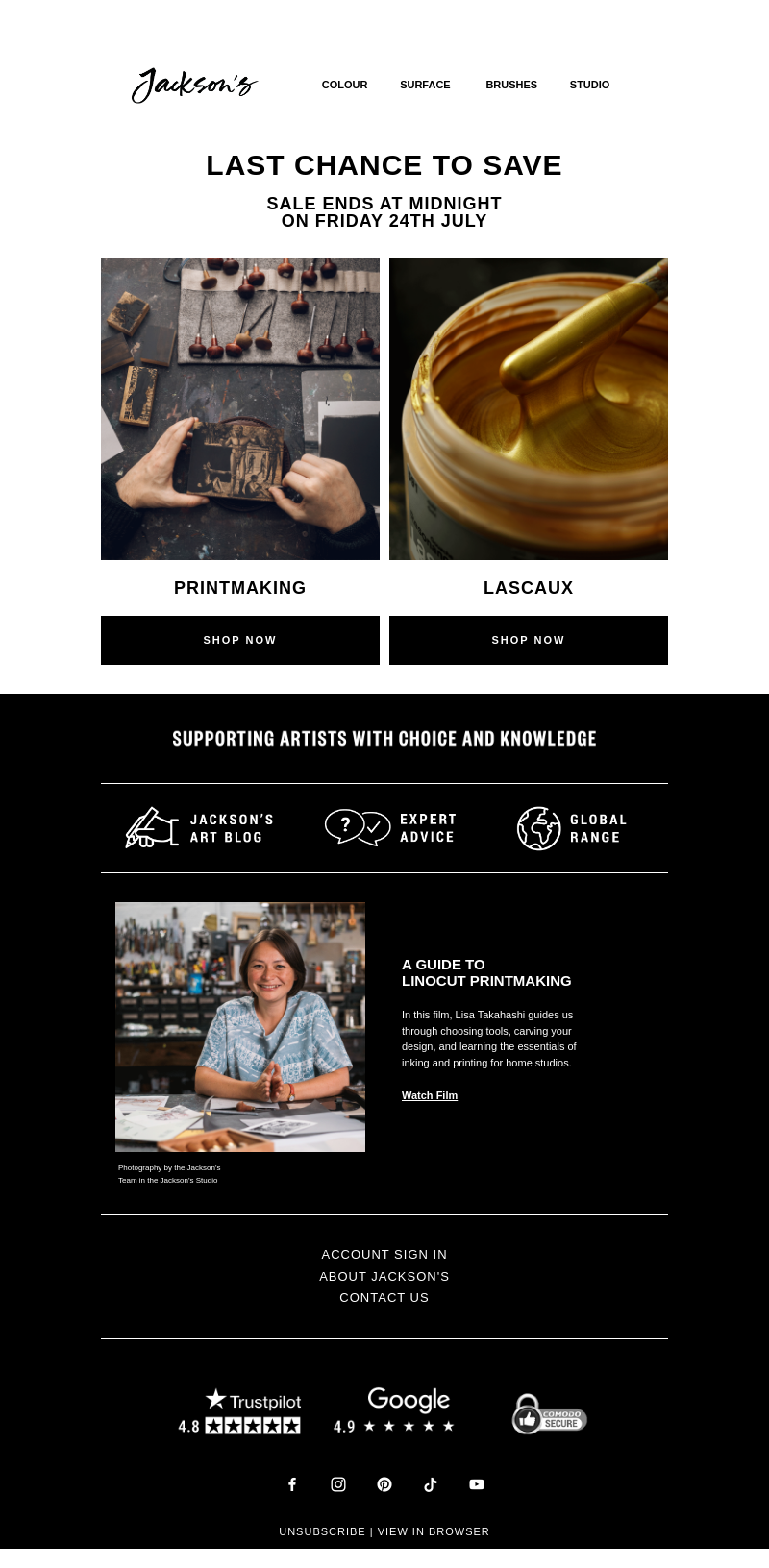 Письмо компании «Jackson's Art - In the Studio» на тему «Last Chance to Save on Printmaking and Lascaux»