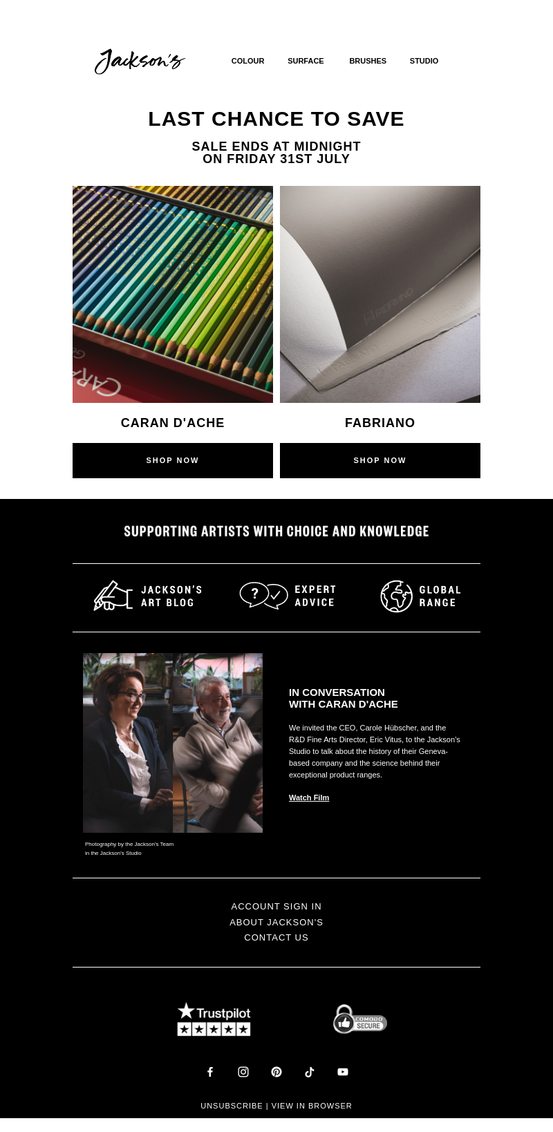 Письмо компании «Jackson's Art - In the Studio» на тему «Last Chance to Save on Caran d'Ache and Fabriano»