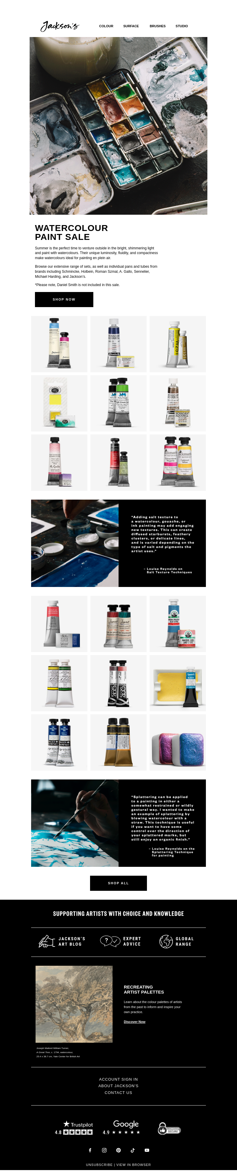 Письмо компании «Jackson's Art - In the Studio» на тему «Watercolour Paint Sale»