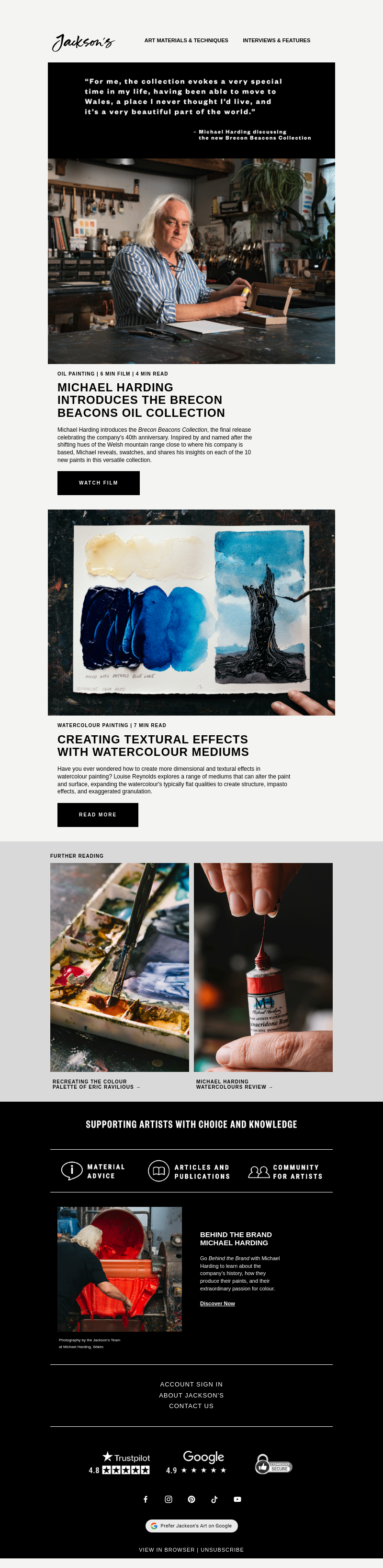 Письмо компании «Jackson's Art - In the Studio» на тему «Michael Harding Unveils His New Brecon Beacons Oil Collection»