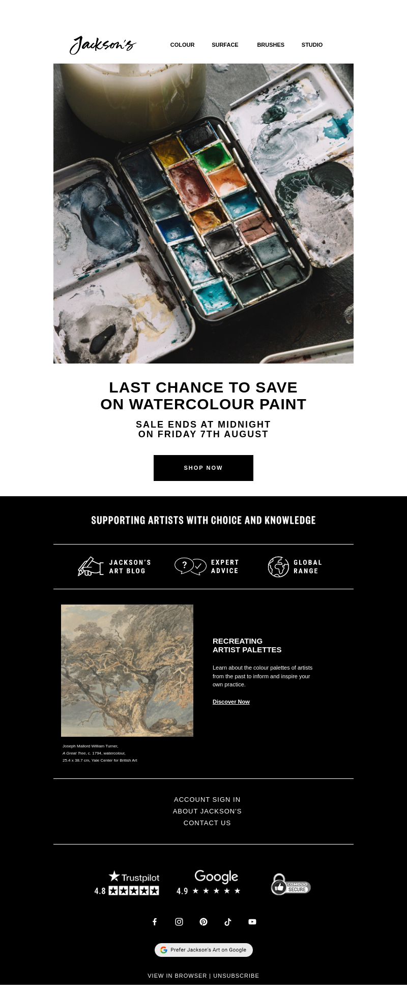 Письмо компании «Jackson's Art - In the Studio» на тему «Last Chance to Save on Watercolour Paint»