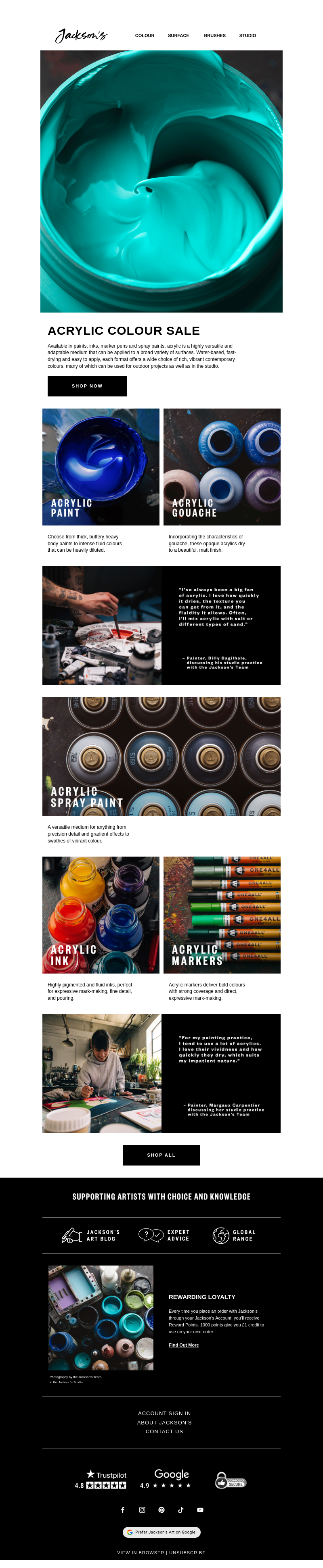 Письмо компании «Jackson's Art - In the Studio» на тему «Acrylic Colour Sale»