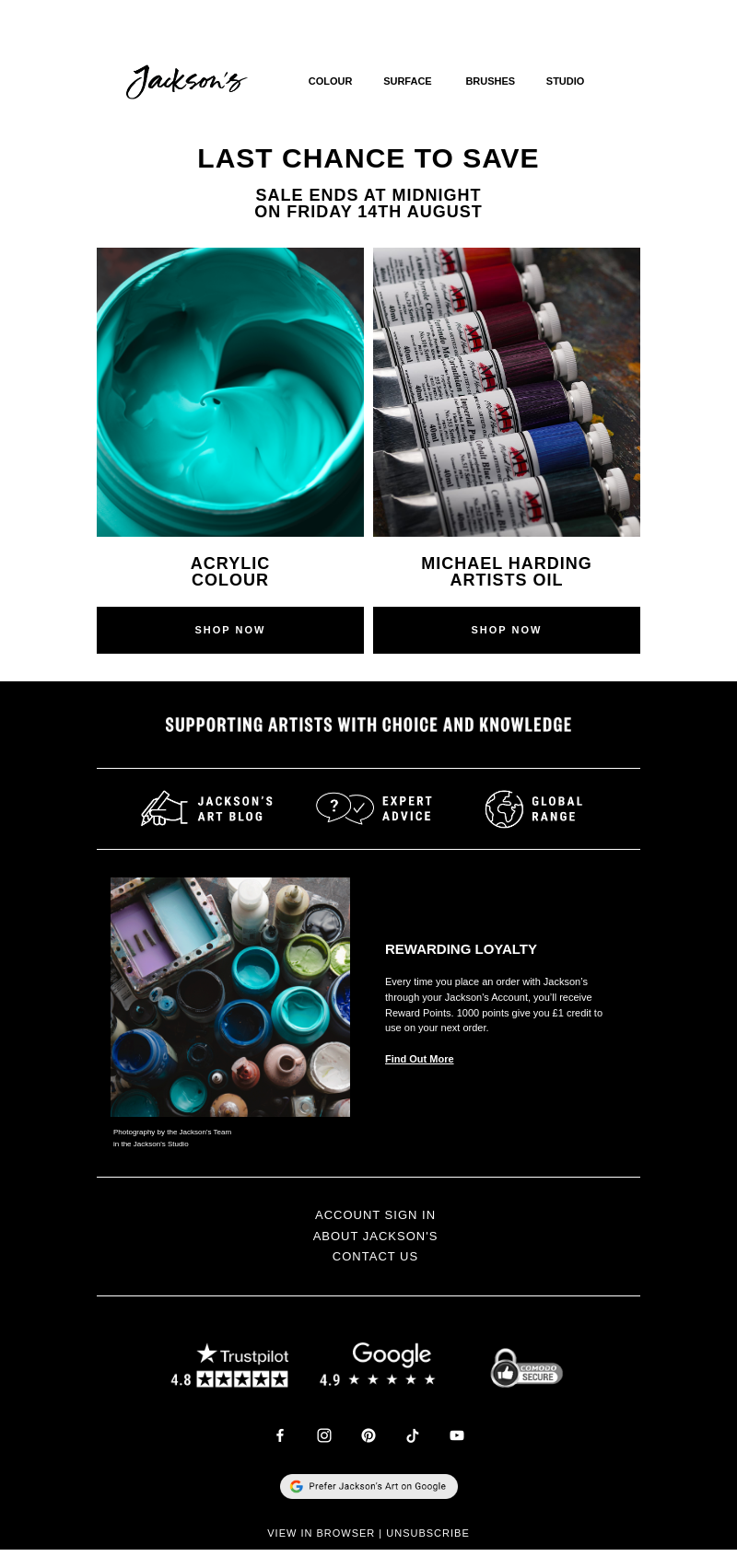 Письмо компании «Jackson's Art - In the Studio» на тему «Last Chance to Save on Acrylic and Michael Harding Artists Oil»