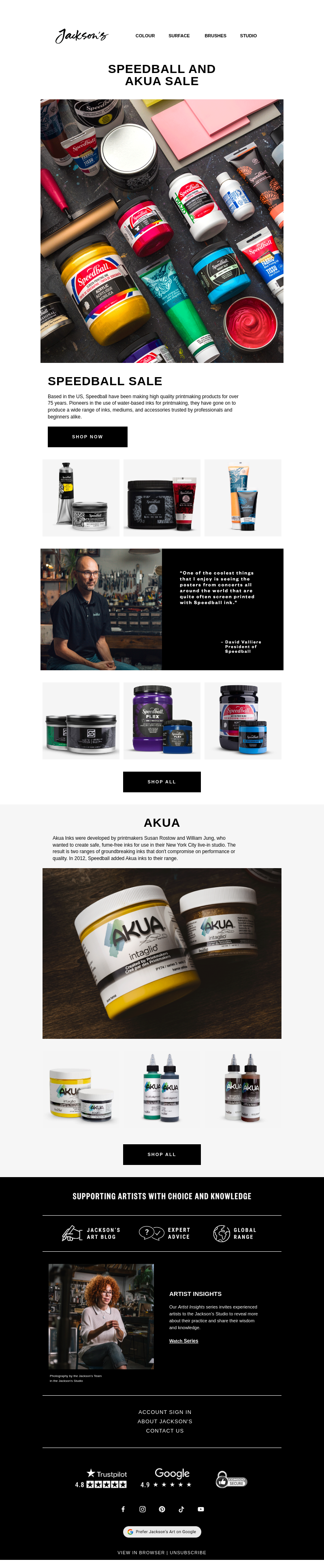 Письмо компании «Jackson's Art - In the Studio» на тему «Speedball and Akua Sale»