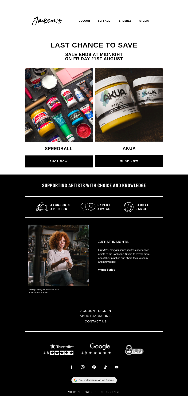 Письмо компании «Jackson's Art - In the Studio» на тему «Last Chance to Save on Speedball and Akua»