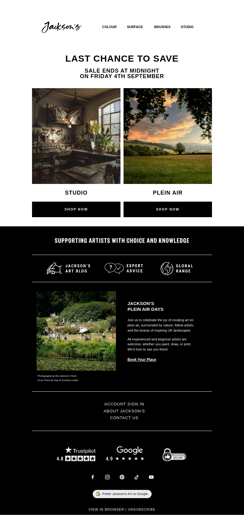 Письмо компании «Jackson's Art - In the Studio» на тему «Last Chance to Save on Studio and Plein Air»